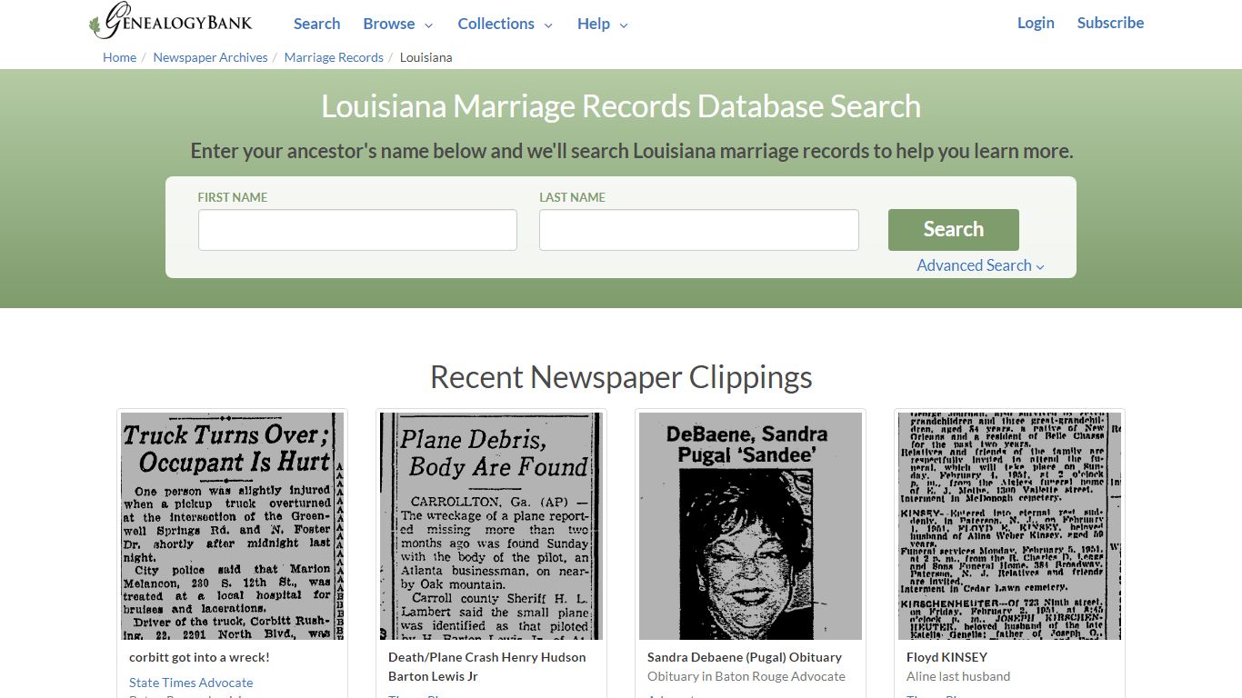 Public Marriage Records in Louisiana | GenealogyBank